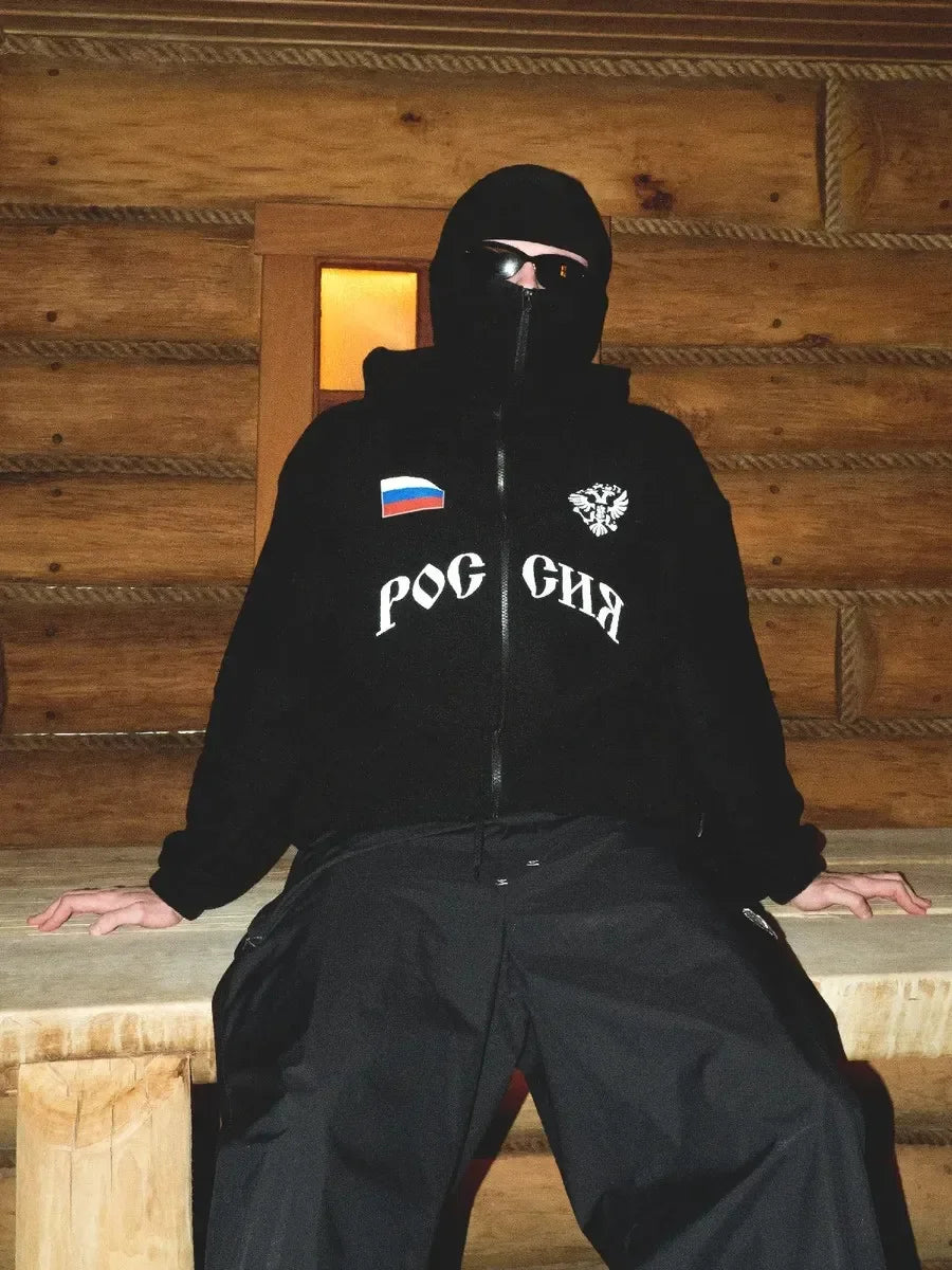 Hip Hop Face Cover Hoodie Unisex Loose Black Zip Up Sweatshirt Eagle Flag Printed Design