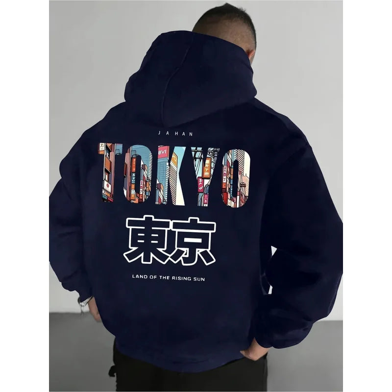 Men's casual printed hoodie regular fit, Japanese Tokyo minimalistic print fashion long-sleeve fleece pullover