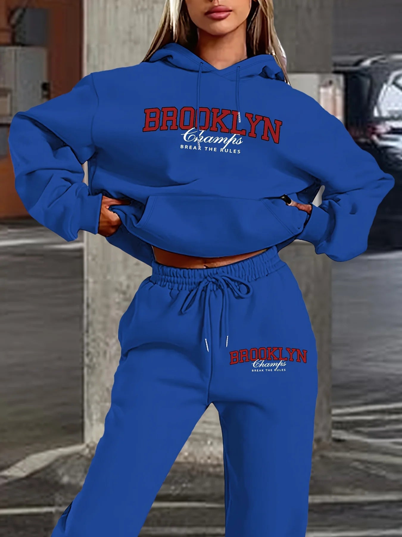 Women's Cool  Printed Casual Pants Set Long Sleeve Pocket Hoodie and Drawstring Letter Print Loose Sweatshirt Trousers Pants