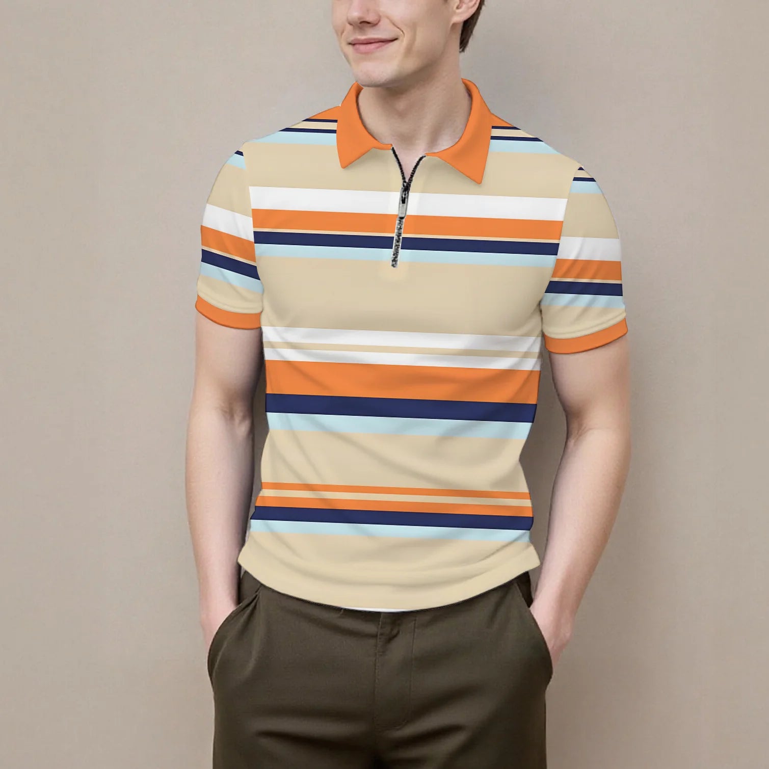 Summer men's polo shirt new summer short sleeve zipper stripes casual fashion versatile lapel men's business formal occasions