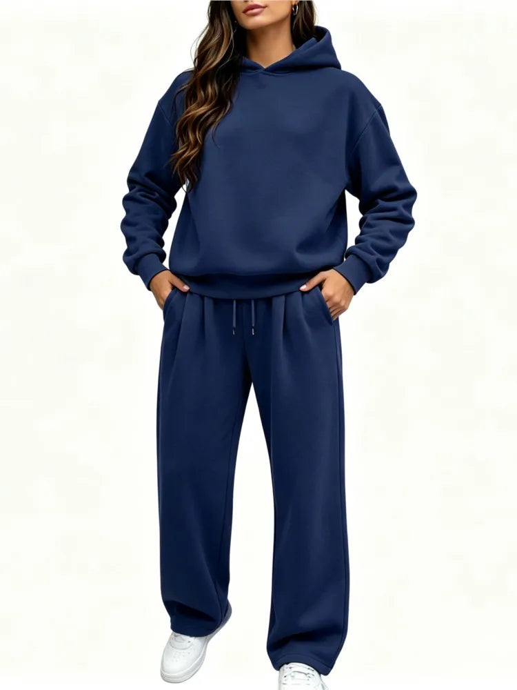Casual Hooded Sweatshirt Set 2026 Autumn And Winter Solid Color Long Sleeved Women's Fashionable Loose Women's Top Two-piece Set
