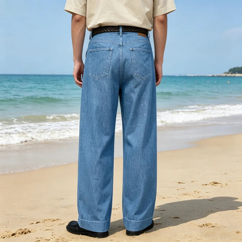 Retro Men's High Waist Wide Leg Jeans Loose Fit Denim Pants Breathable Casual Stretchy Heavyweight Cotton Y2K Baggy Trousers ATFH