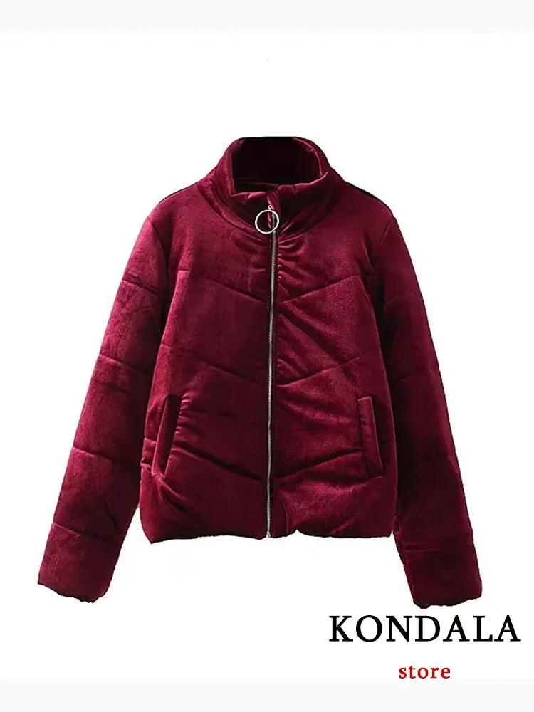 KONDALA Vintage Casual Women Jackets Solid O Neck Zipper Pocket Velvet Coats New Fashion 2023 Autumn Winter Thick Warm Outwears ATFH