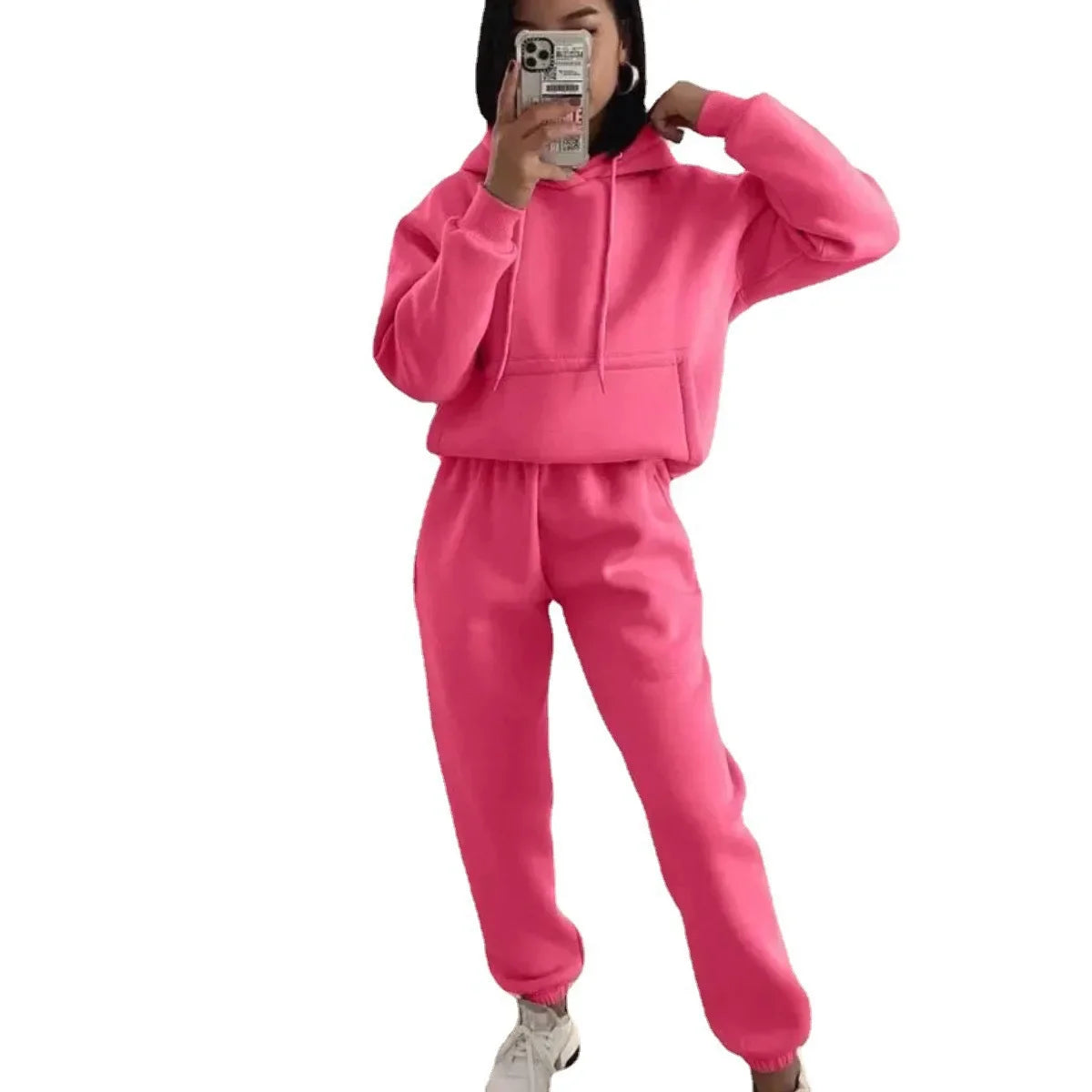 Women's Hooded Long Sleeved Pocket Sweatshirt Solid Color Sports Set Two-piece Set 2024 Autumn/winter