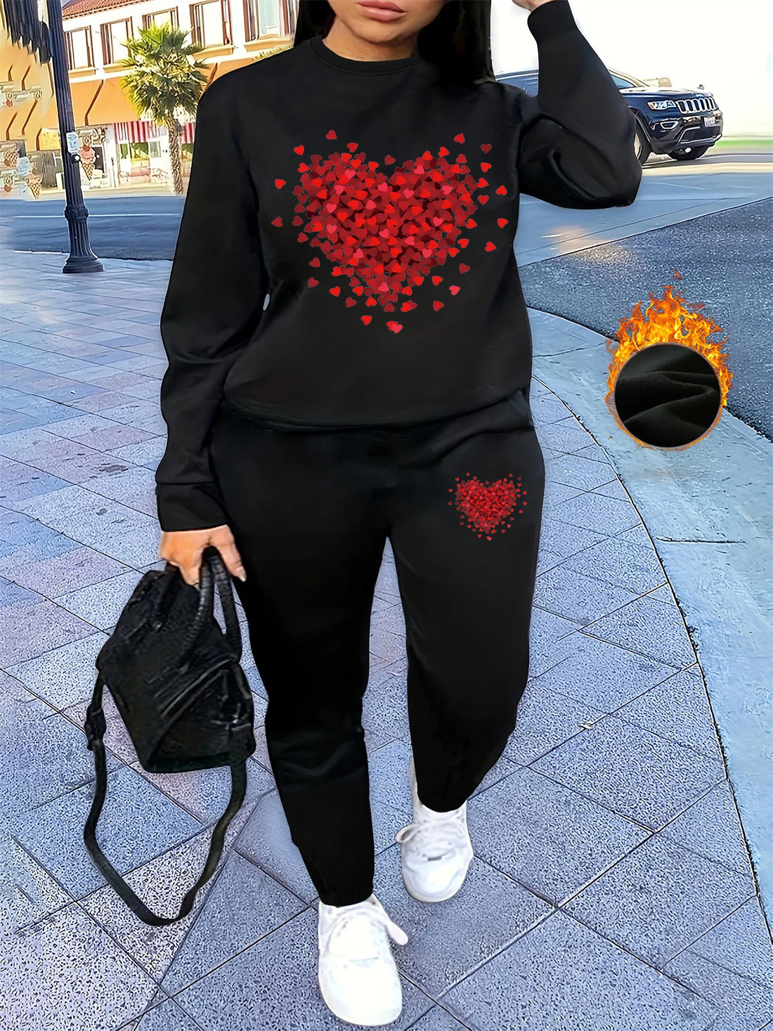 Women's autumn and winter hip-hop casual street heart-shaped printed round neck sports shirt+sports pants set warm clothing