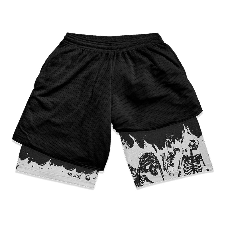Y2K Gothic Punk Skull Print 2 in 1 Shorts for Men Gym Athletic Performance Shorts with Pockets Summer Workout Fitness Running