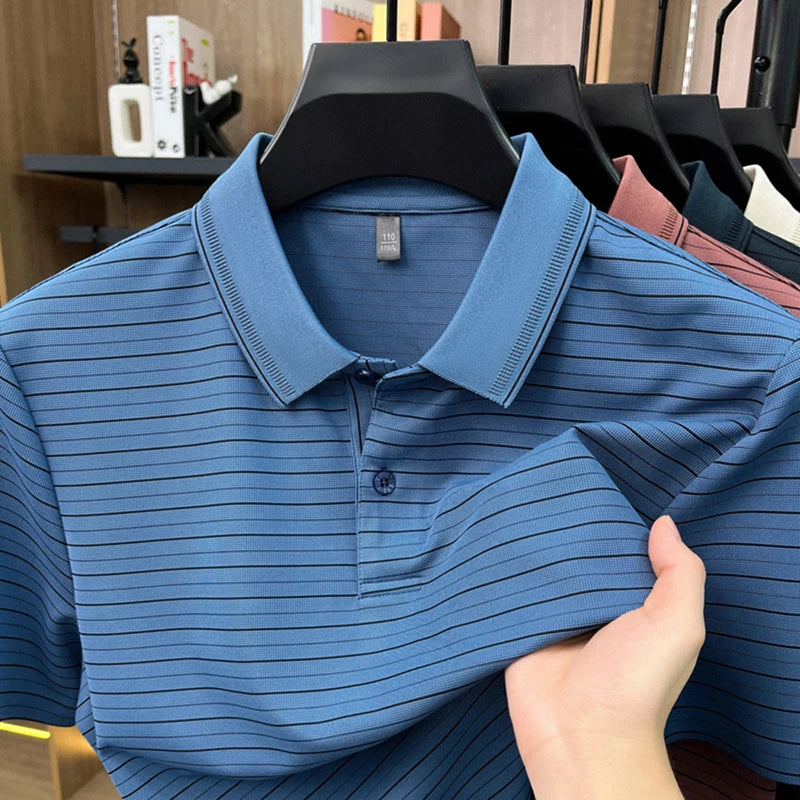 Personalized striped short sleeve polo shirt men's fashion summer new breathable comfort high-quality business casual T-shirt