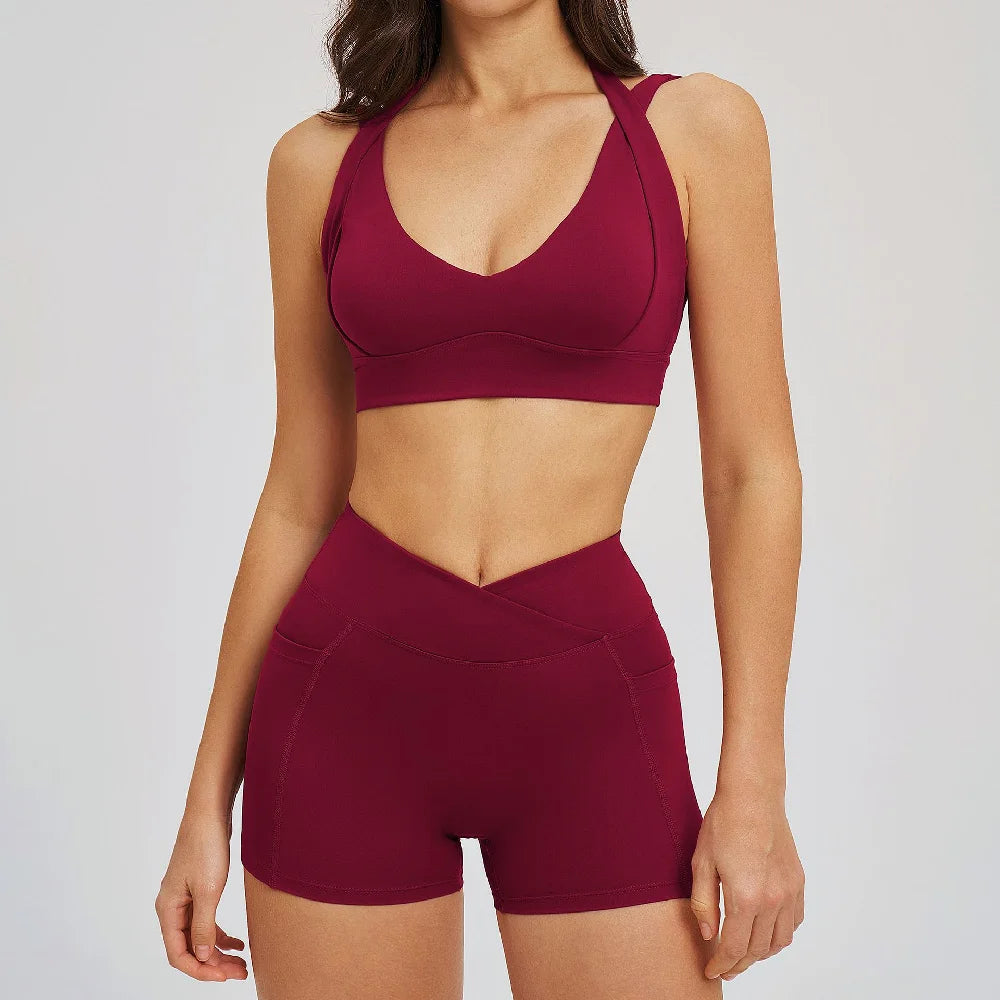 2PCS Yoga Shorts Set Women Tracksuits Gym Clothes Fitness Sports Suit Female Shockproof Bra High Waist Shorts Set Sportswear