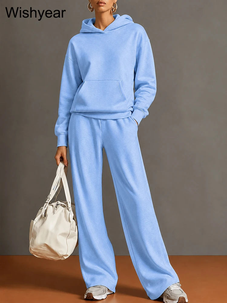 Gray Women’s Cozy Hoodie Set Long Sleeve Hooded Top Wide Leg Pants Casual Sporty Street Travel Fall Winter Two Piece Outfit