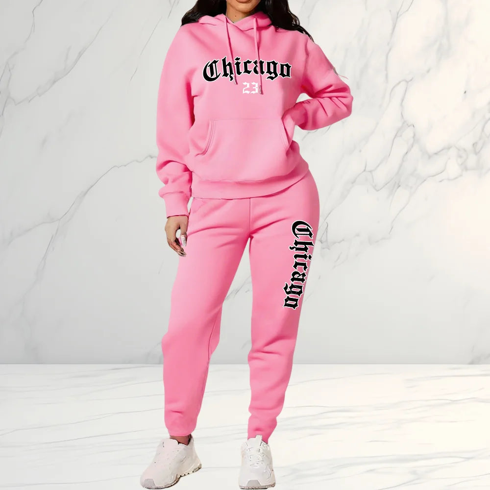 2026 Women's Fleece-Like Hooded Sweatshirt & Joggers Set Print Polyester Lounge Set Matching Sets All-Season Comfort Pant Sets - ATFH