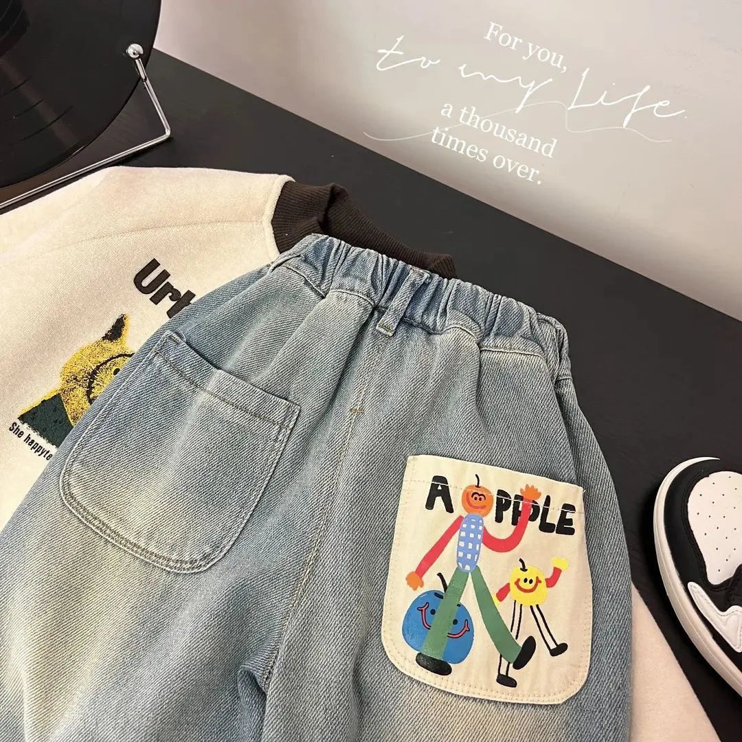 Spring Autumn Toddler Boys Denim Pants Cotton Animepattern Babys Boys Jeans Casual Loose Elastic Waist Trousers For Children Boy ATFH