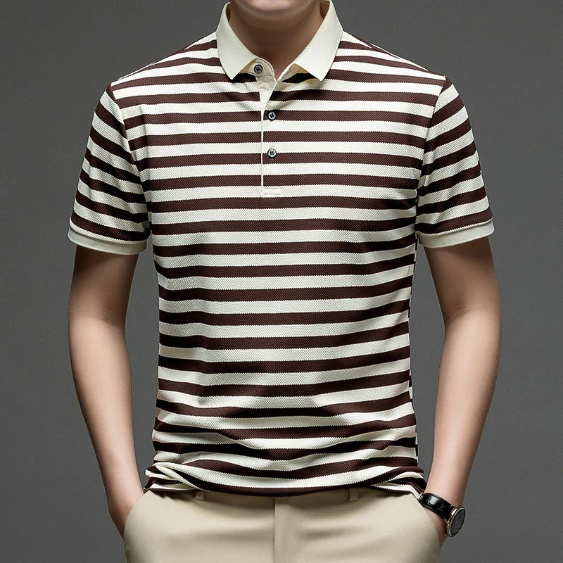 Men Striped Short Sleeve Polo Shirt Casual Breathable Waffle Knit Summer Classic Fashion Business Top