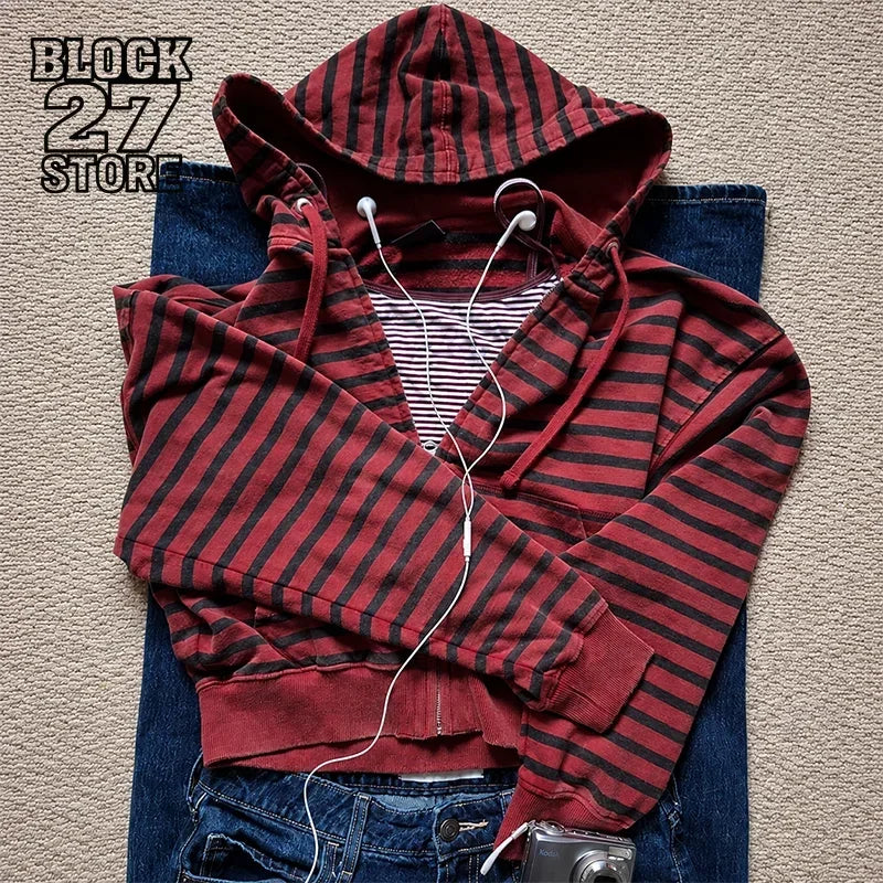 Vintage Red Black Stripe Full Zip Hoodie Women Men Y2K Aesthetic Loose Cropped Hooded Jacket Streetwear Long Sleeve Sweatshirt