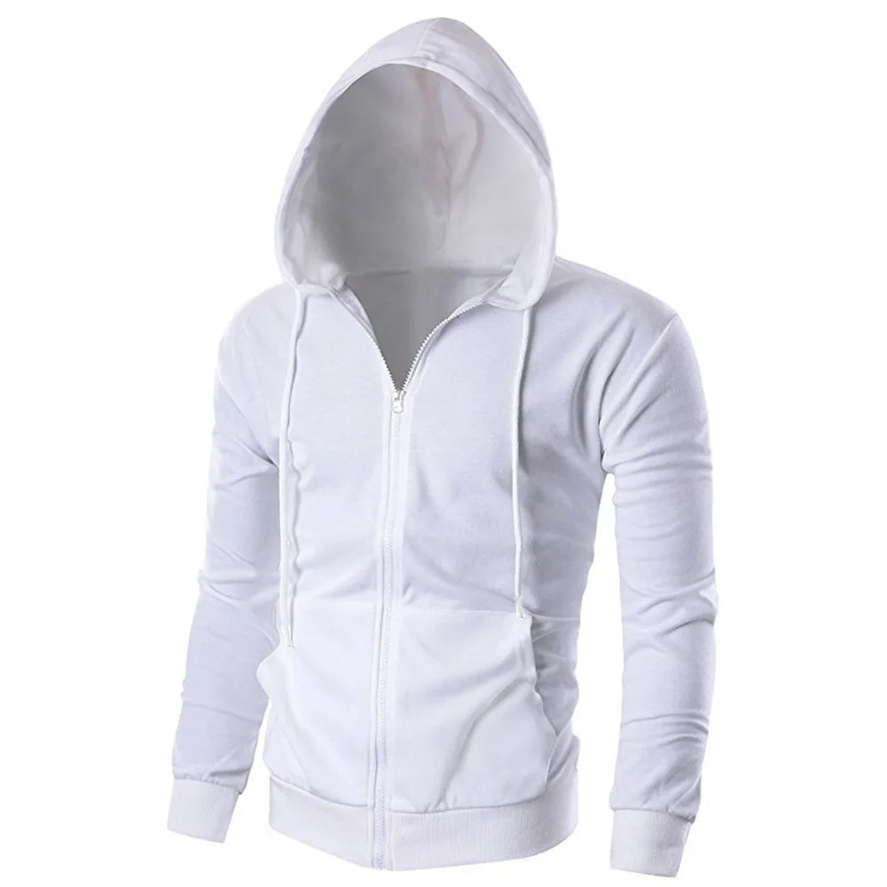 Men's Hoodie Solid Color Basic Hooded Jacket Cardigan Sweatshirt Spring Autumn Casual Men Streetwear Tracksuit Male - ATFH