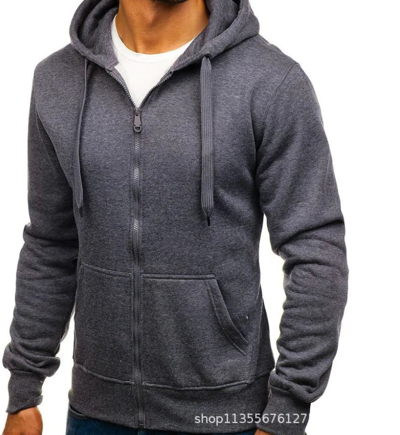 Men's Solid Color Hooded Hoodie Zip Up Cardigan Sweatshirt Casual Streetwear Tracksuit for Spring Autumn Male - ATFH