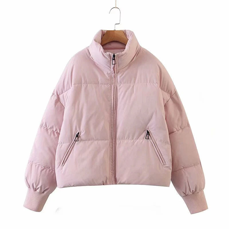 Women's Winter Stand Collar Jacket Baggy Short Padded Down Coats Cropped Puffer Long Sleeve Zipper Coats