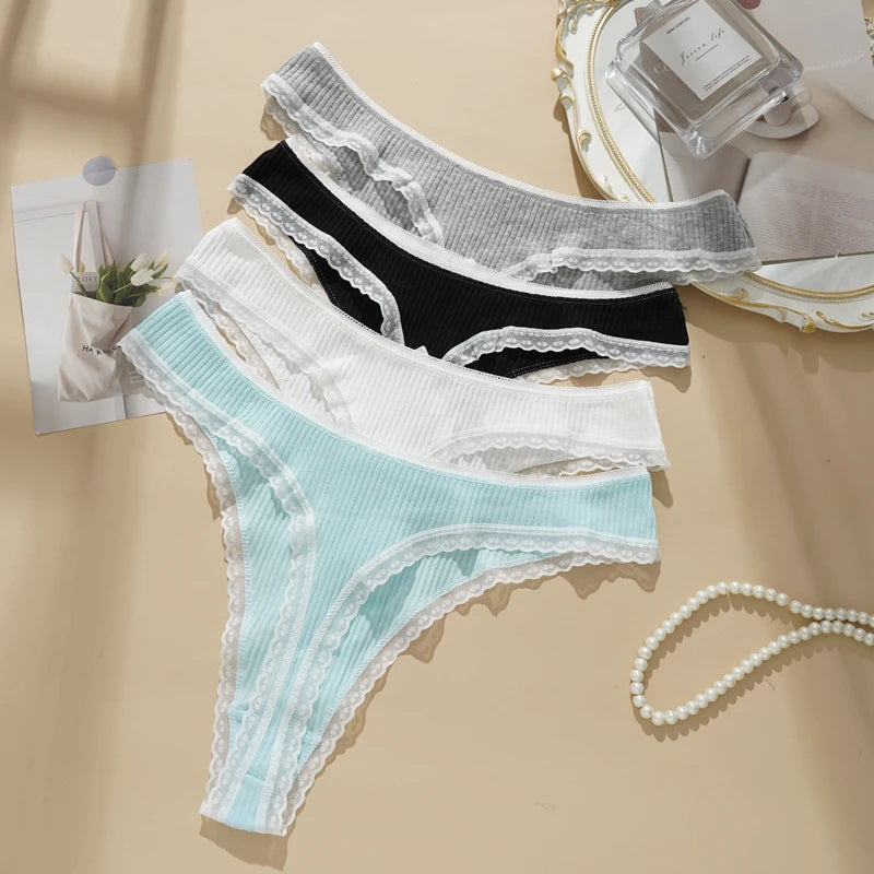 3PCS Sexy Low Waist Panties Women Lace Trim Solid Color Briefs M-XL Breathable Comfortable Lingerie Female Rib Cotton Underwear