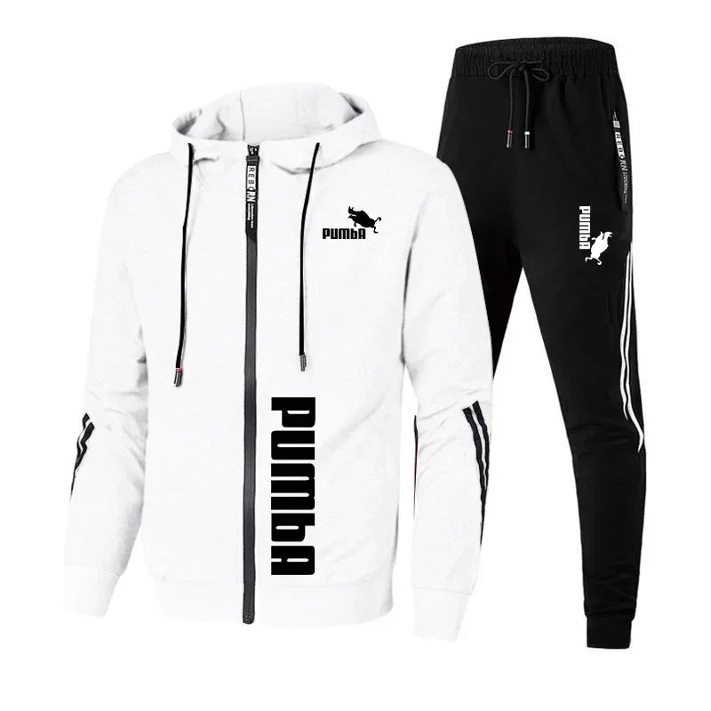 New men's hooded sweatshirt and pants 2-piece set, spring and autumn outdoor casual zippered windproof men's sportswear set - ATFH