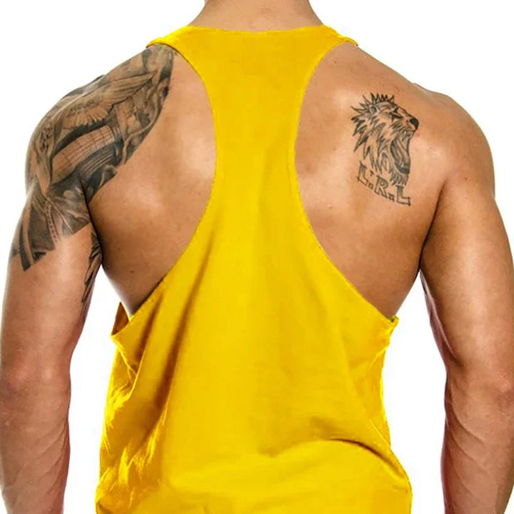Men's yellow bodybuilding stringer tank top with racerback, sleeveless cotton undershirt