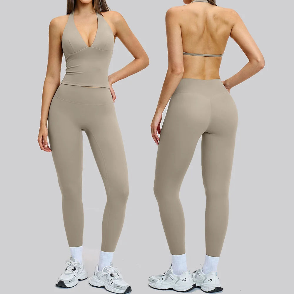 Women's Yoga Suits 2 Piece Sportswear Yoga Tracksuit Ventilate Vest High Waist Leggings Outfit Gym Set Running Workout Clothes - ATFH