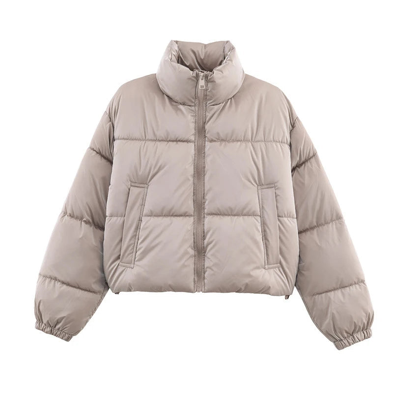 Women's Solid Cropped Puffer Jacket Stand Collar Quilted Fabric Elastic Cuff Coat Winter Casual Outings Daily Wear Cold Weather ATFH