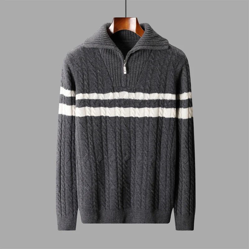 Thick Sweater Men 100% Wool Pullover Knitwear Half Ziper Turn-down Neck Knitted Top Casual Twist Flower Pure Wool Sweater - ATFH