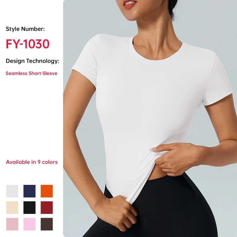 Women's Outdoor Fitness Yoga Top Round-Neck Short Sleeve Quick-Dry Compression T-Shirt for Running and Yoga - ATFH