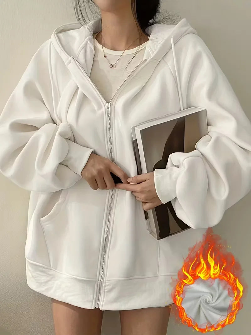 Women's Casual Oversized Hoodies Sweatshirt Zipper Pockets Solid Color Pullover Loose Fit  Autumn Winter Fall Streetwear Jacket - ATFH