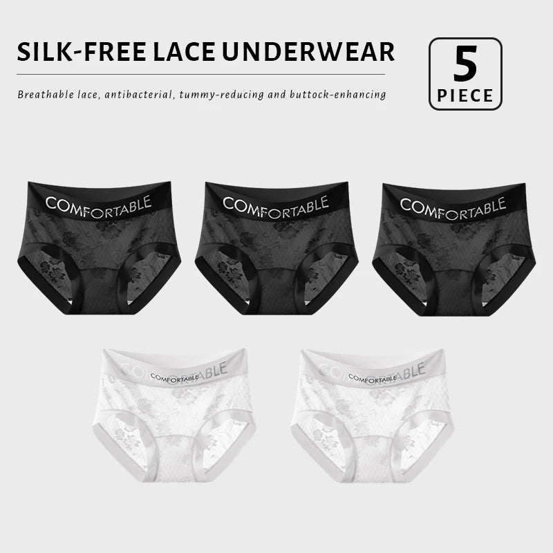 FallSweet 5PCS Ultra-Thin Lace Panties for Women Floral Mid-Rise Transparent Briefs Seamless Underpants Lingerie Calzones Mujer