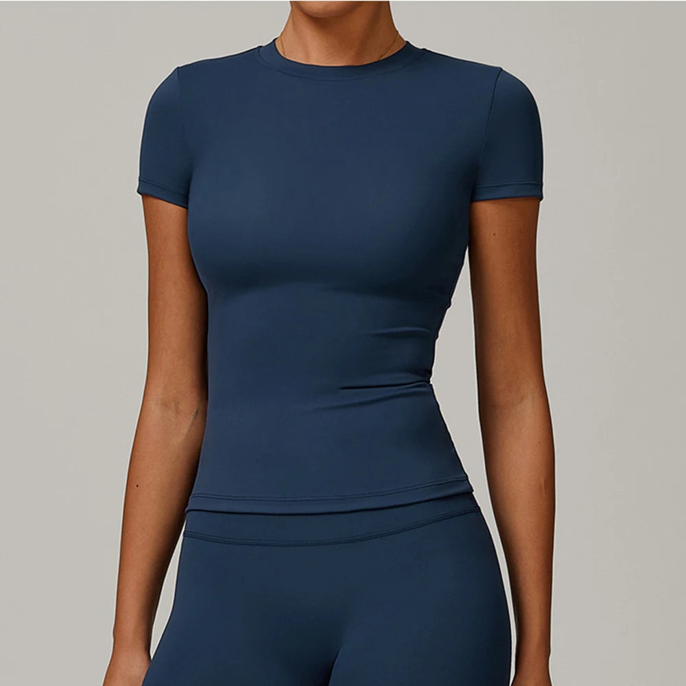 JUREN Women's Tight Fitting Sports T-shirt Quick Drying Short Sleeved Yoga T-shirt Pilates Running Workout Fitness Short Sleeved - ATFH
