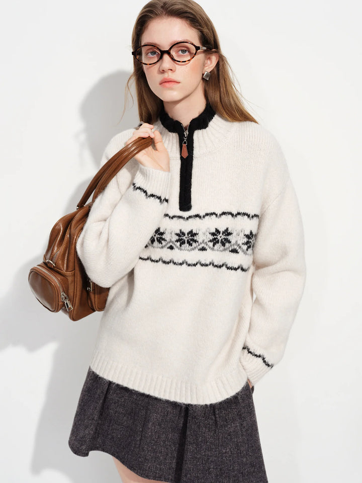 FSLE Vintage Fair Isle Jacquard Knit Sweater for Women 2025 Winter New Arrival Semi Open Front Zip-Up Pullover Winter Sweaters - ATFH