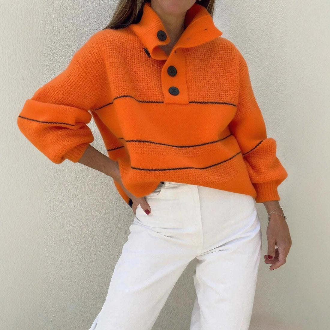 Women's Half Cardigan Contrast Casual Polo Pullover Sweater - ATFH