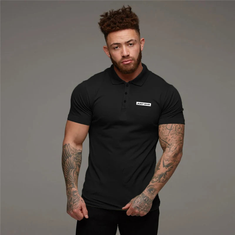 Fashion Lapel Tight Polo Shirts Cotton Breathable Short Sleeves T-Shirts Gym Workout Muscle Tops Mens Bodybuilding Fitness Polos