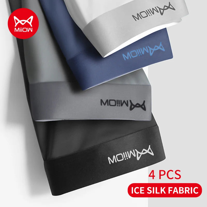 MiiOW 4Pcs Ice Silk Men Boxer Shorts Graphene Antibacterial Men Underwear Man Underpants Seamless Breathable Mens Panties L-5XL
