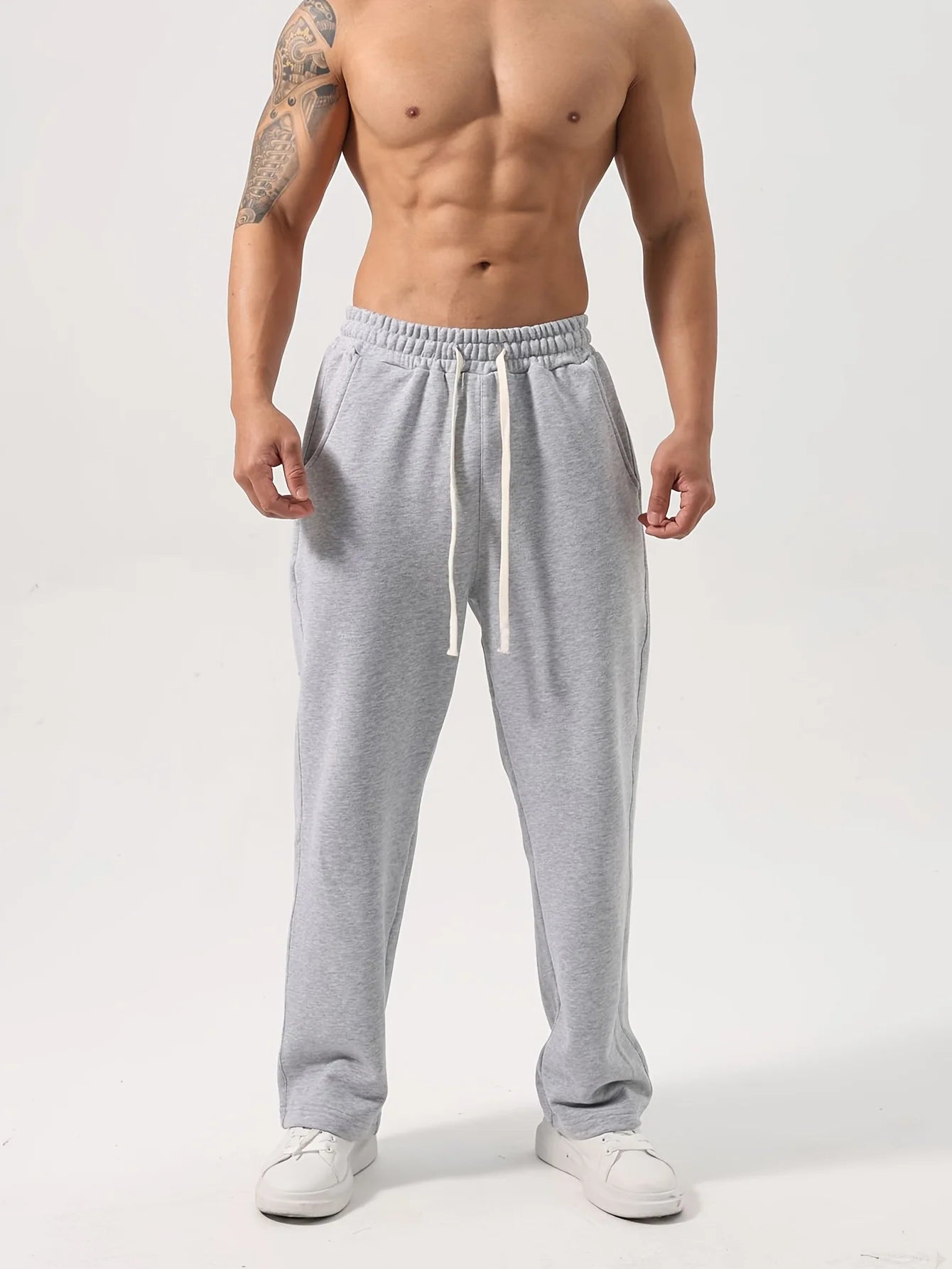 Men's casual athletic trousers loose-fitting straight leg wide-leg style elastic waistband simple solid color pants sweatpants