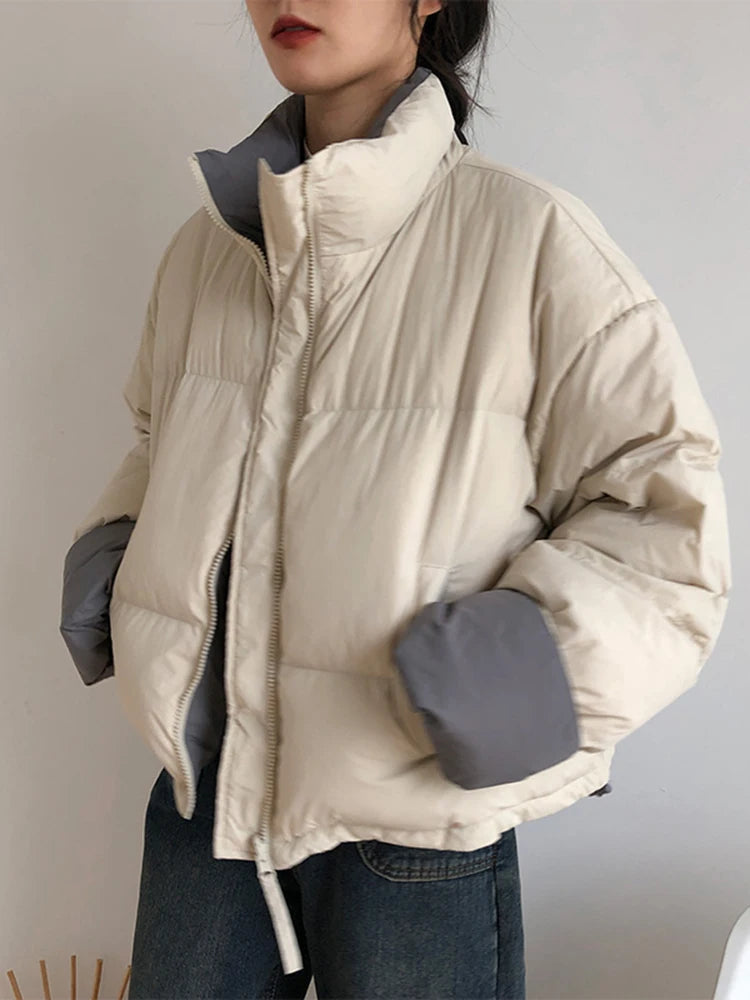 Aoaiiys Parkas Women Contrast Color Spliced Long Sleeve Outerwear Autumn Winter New Down Cotton Korean Casual Loose Jackets Coat ATFH