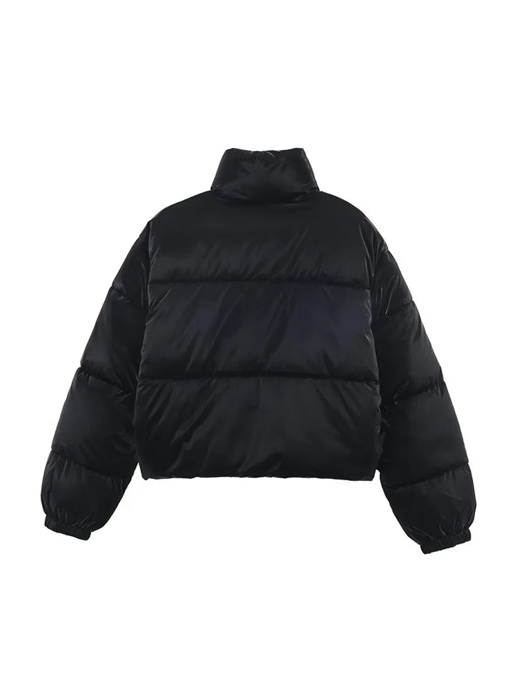 Women's Solid Cropped Puffer Jacket Stand Collar Quilted Fabric Elastic Cuff Coat Winter Casual Outings Daily Wear Cold Weather ATFH