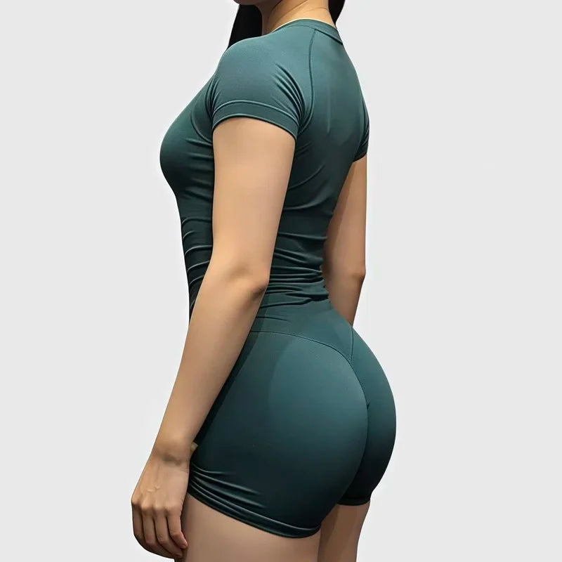 2 Piece Sports Set Women Gym Yoga Set Seamless Fitness Gym Clothes Sportswear Short Sleeve Top Sports Short Leggings Suit - ATFH