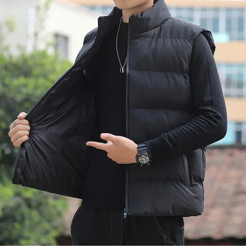 New Vest Men Winter Thick Cotton-Padded Stand Collar Vests Solid Sleeveless Zipper Jacket Male Warm Waistcoat Gilet Veste Hommes