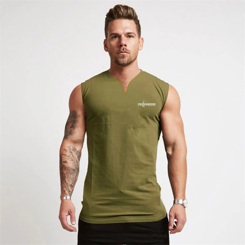 Compression Sleeveless T-Shirts Gym Clothing V Neck Fitness Mens Tank Tops Cotton Bodybuilding Stringer Singlets Workout Vests