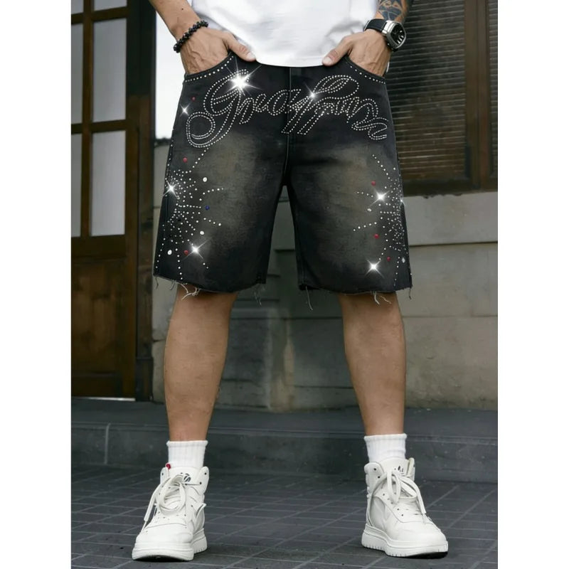 American Streetwear Men's Non-Stretch Denim Shorts Rhinestone Letter Washed Frayed Hem Knee-Length Summer Jeans Shorts ATFH