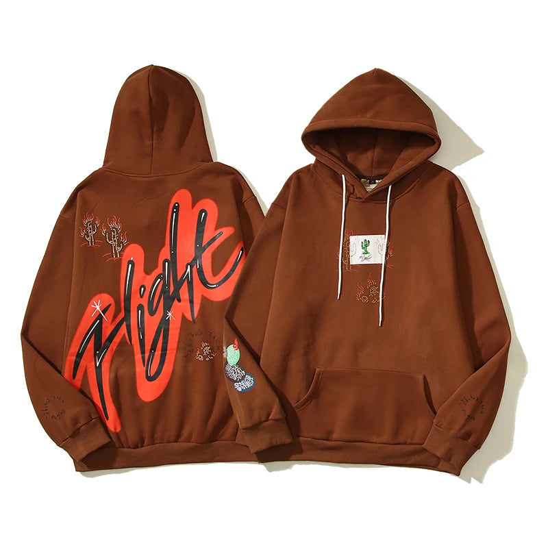 Cactus Jack Letter Brown Fleece Hooded Sweatshirts for Men High Street Baggy Casual Hoodies Unisex Oversized Pullover Hoody - ATFH