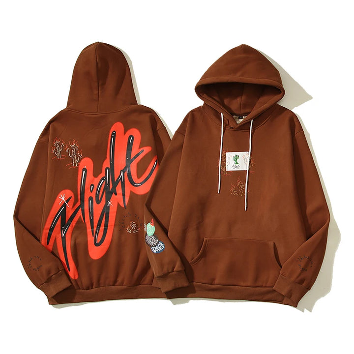 Cactus Jack Letter Brown Fleece Hooded Sweatshirts for Men High Street Baggy Casual Hoodies Unisex Oversized Pullover Hoody - ATFH