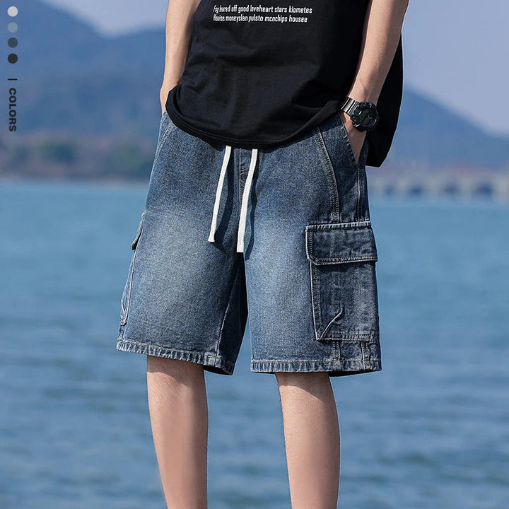 Vintage Blue Men's Denim Shorts Summer New Large Pocket Loose Wide Leg Cargo Jeans Knee Length Elastic Waist Casual Shorts ATFH