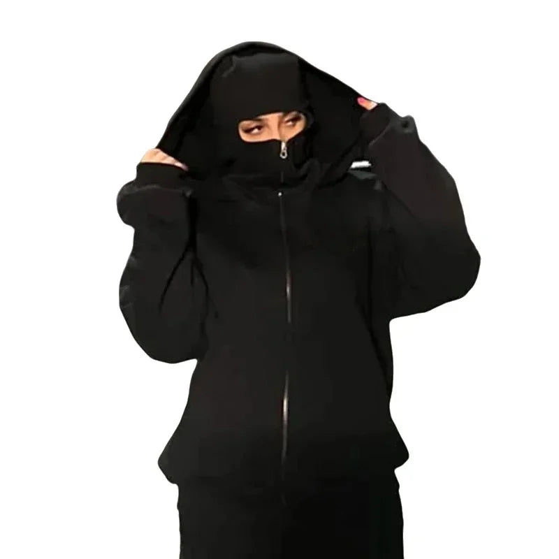Men's face mask hoodie, windproof fleece-lined top, casual hoodie