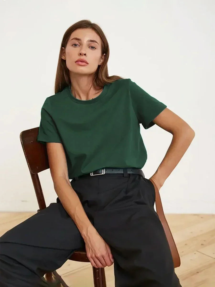 Bornladies Summer 100% Cotton Women's T-shirt Bottoming Basic Fashionable Solid Lady Short Sleeve Loose Tops Shirts 230g/㎡ Tops - ATFH