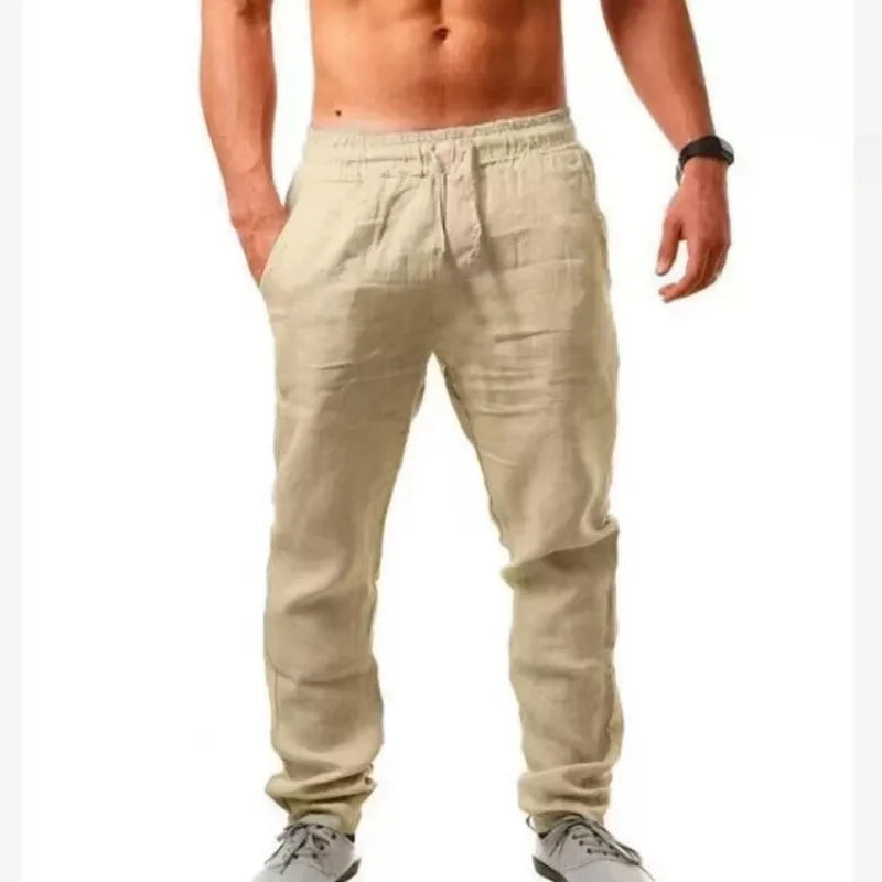 Men's Cotton Linen Pants Straight Leg Lightweight Breathable Comfortable Trousers Beach Style Solid Color Casual Cozy Sweatpants