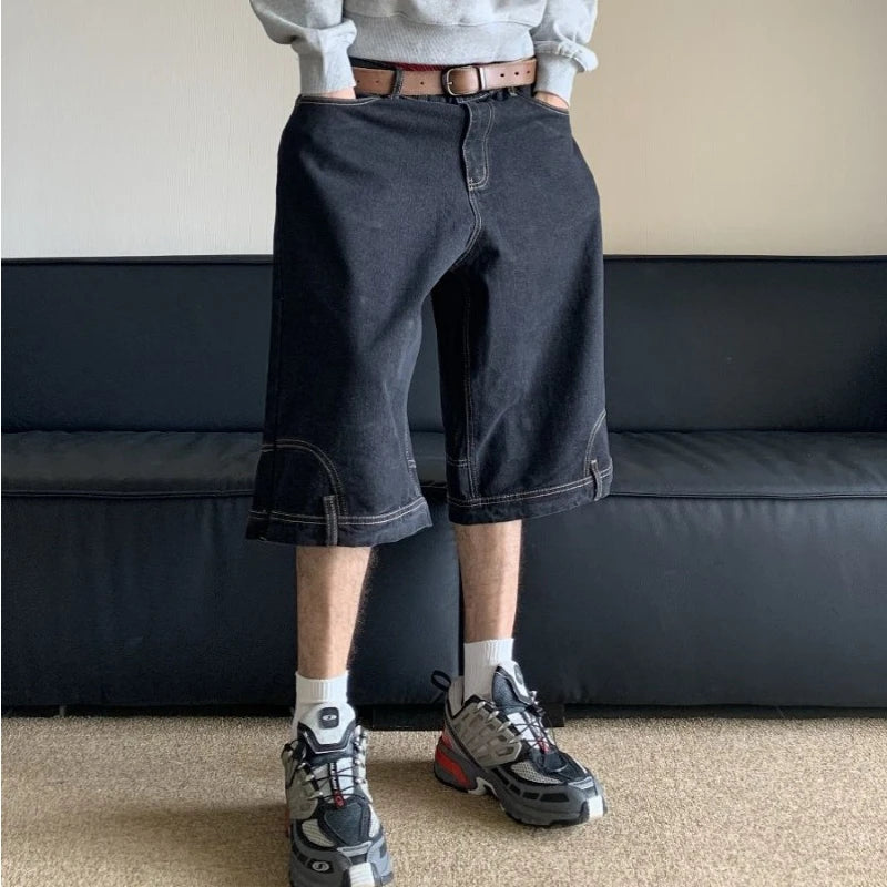 American Vintage Denim Shorts Men High Street Loose Wide Leg Niche Pants Fashion Casual Versatile Short Jeans Male and Female ATFH