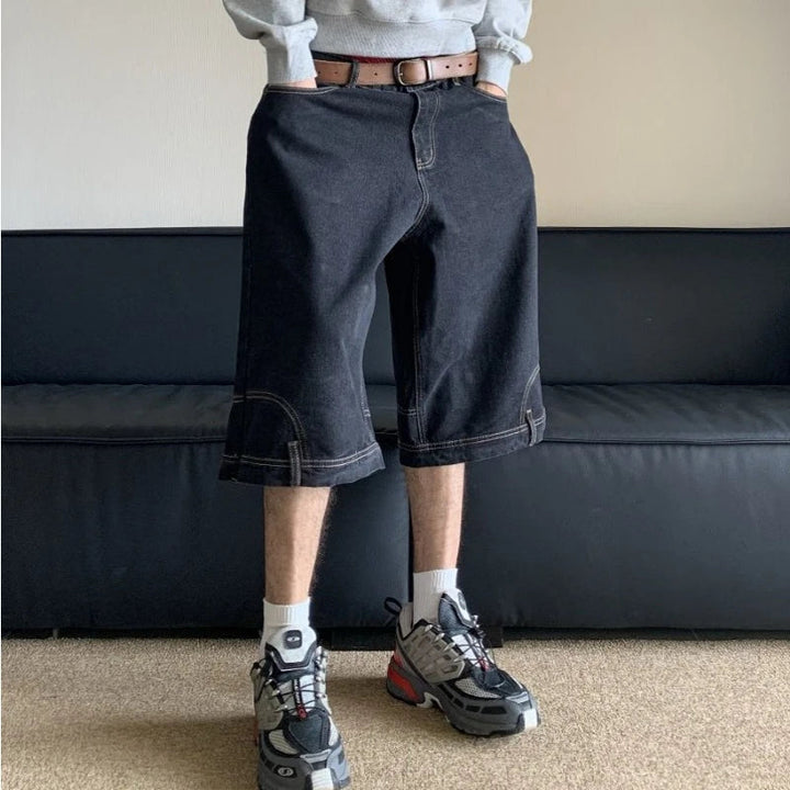 American Vintage Denim Shorts Men High Street Loose Wide Leg Niche Pants Fashion Casual Versatile Short Jeans Male and Female ATFH