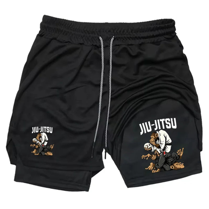 Men's Jiu Jitsu Monkey Print 2-in-1 Compression Shorts Quick Dry Gym Training BJJ Sports Workout Shorts with Liner WX198